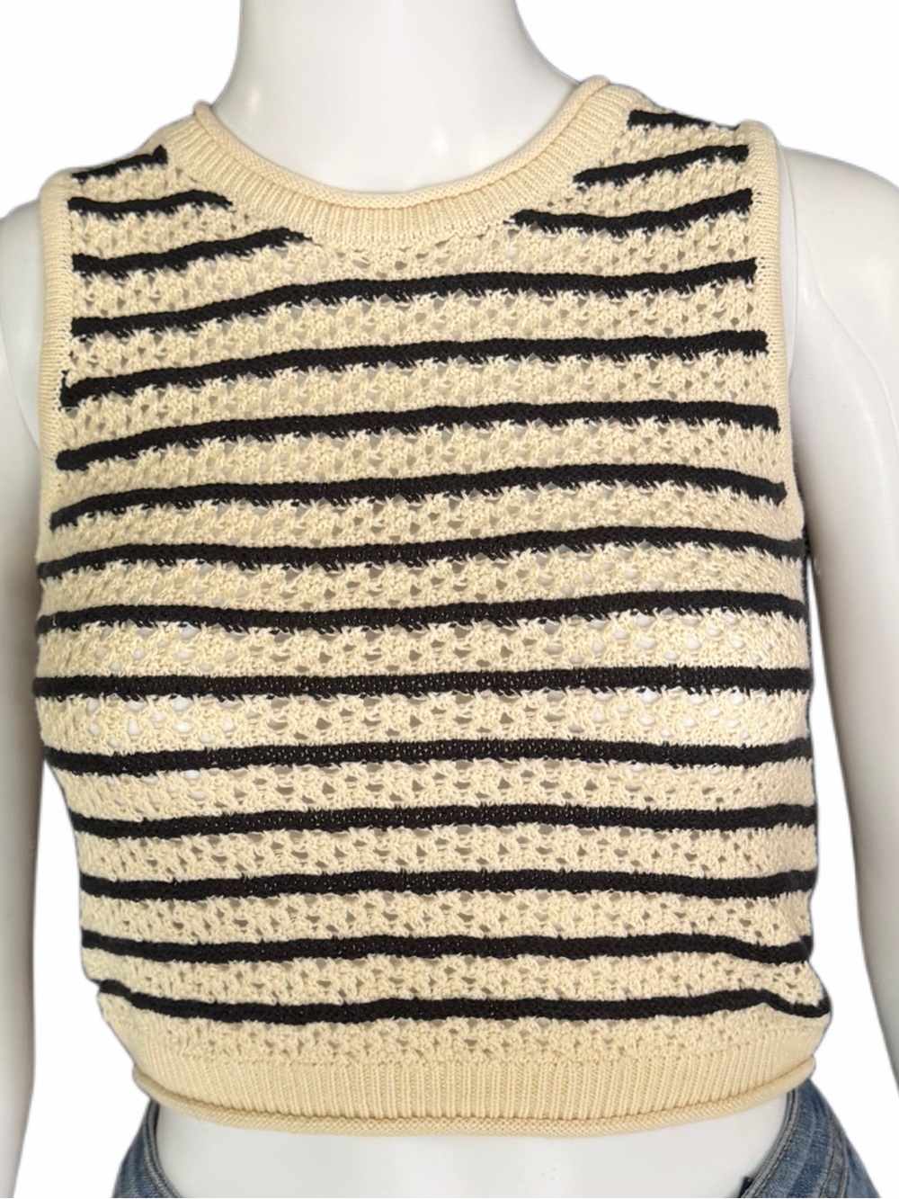 Zara Girls Crochet Knit Tank Top Size 9-10 140 Cream Black Striped Sleeveless